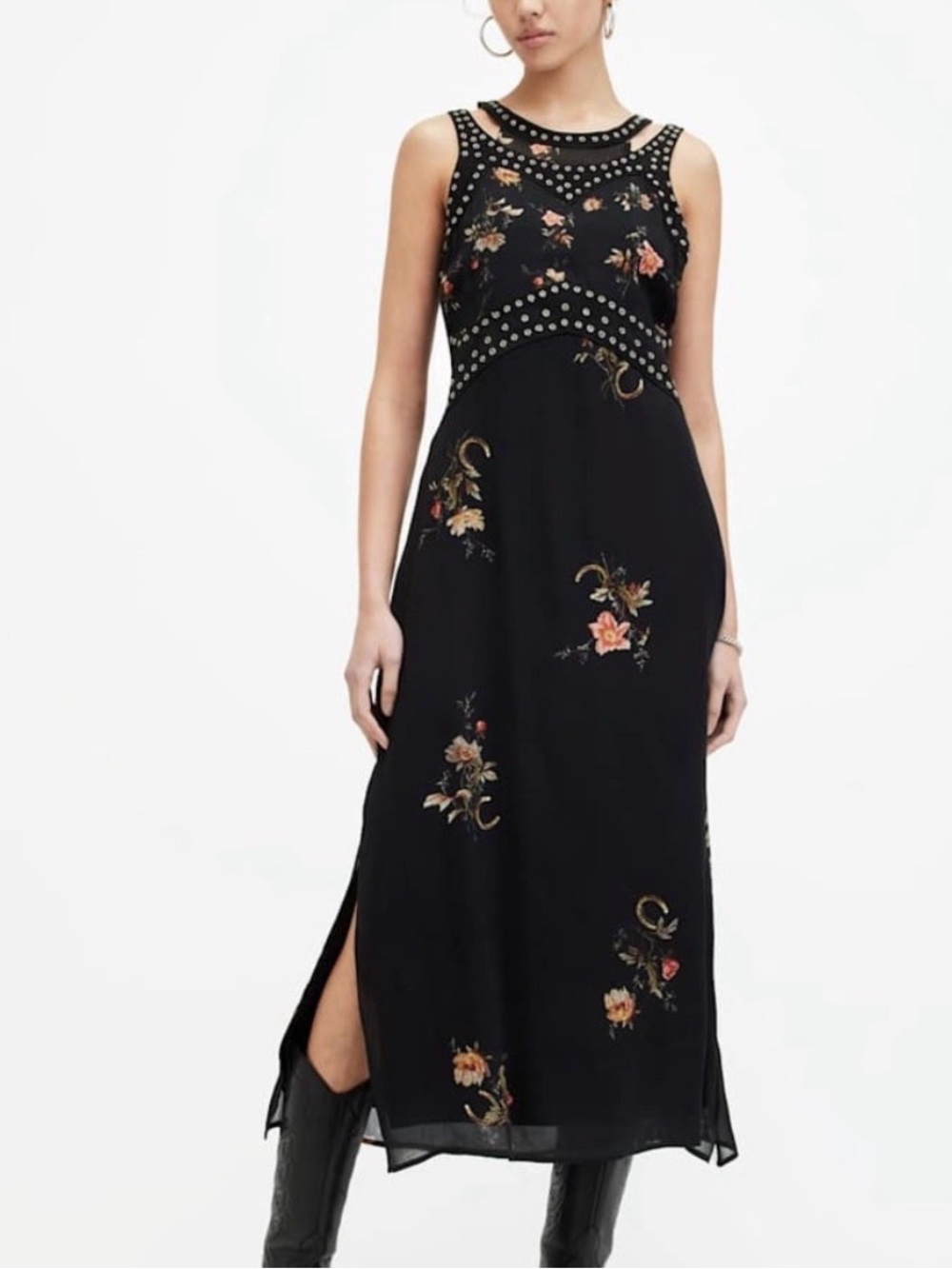 Allsaints Jessie Tanana Dress - Floral Studded Midi with Suede Detail - Like New